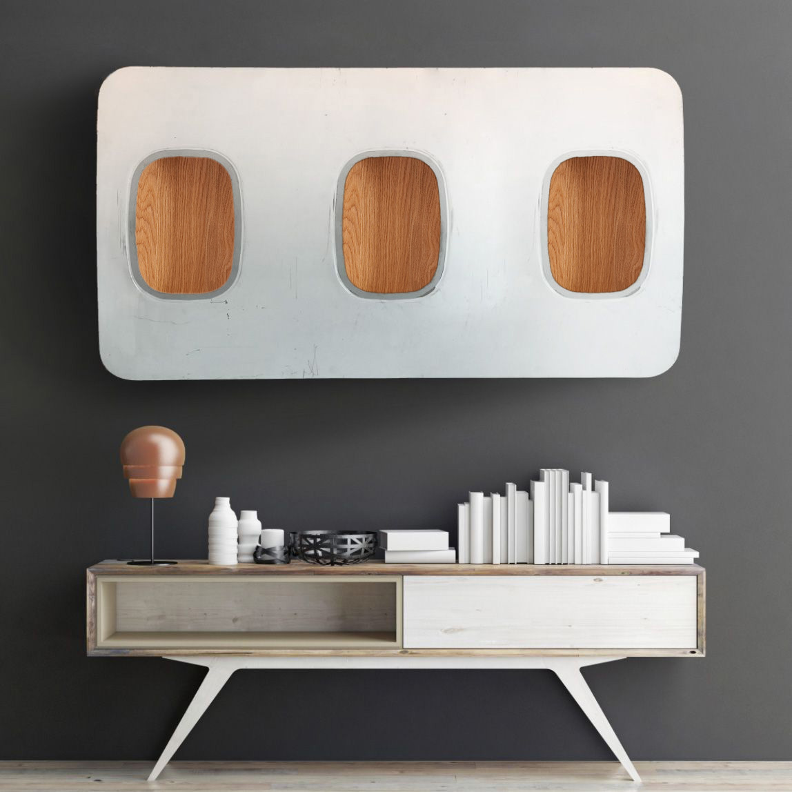 3er Wandbar - Originallack, Eiche Box, mit Beleuchtung 